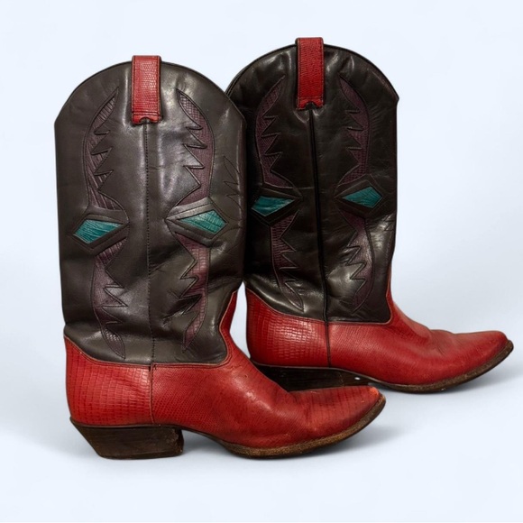 Vintage Red & Black Western Cowboy Boots w/ Teal Inlay – Women’s 8 - Picture 6 of 7